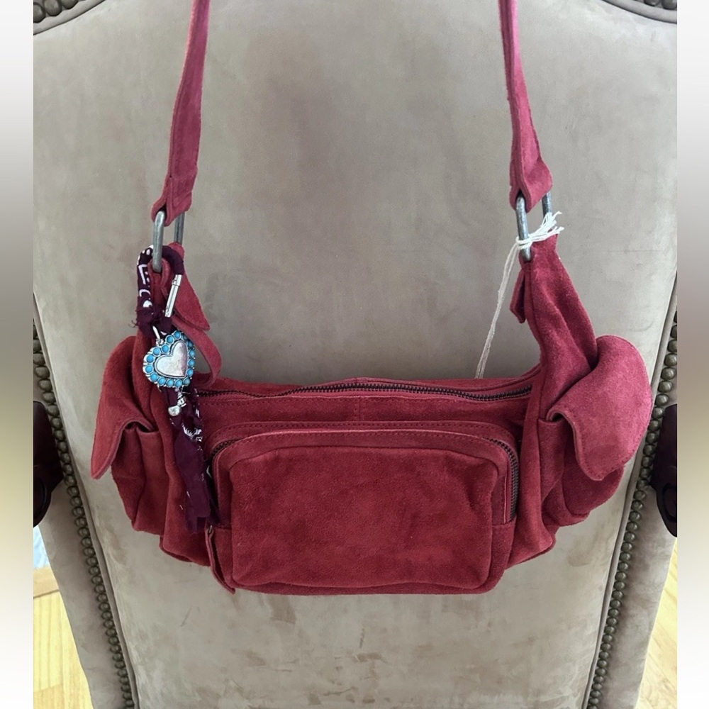 Free People Siren Leather Suede Garnet Red Shoulder Bag with Shyanne Bag Charm